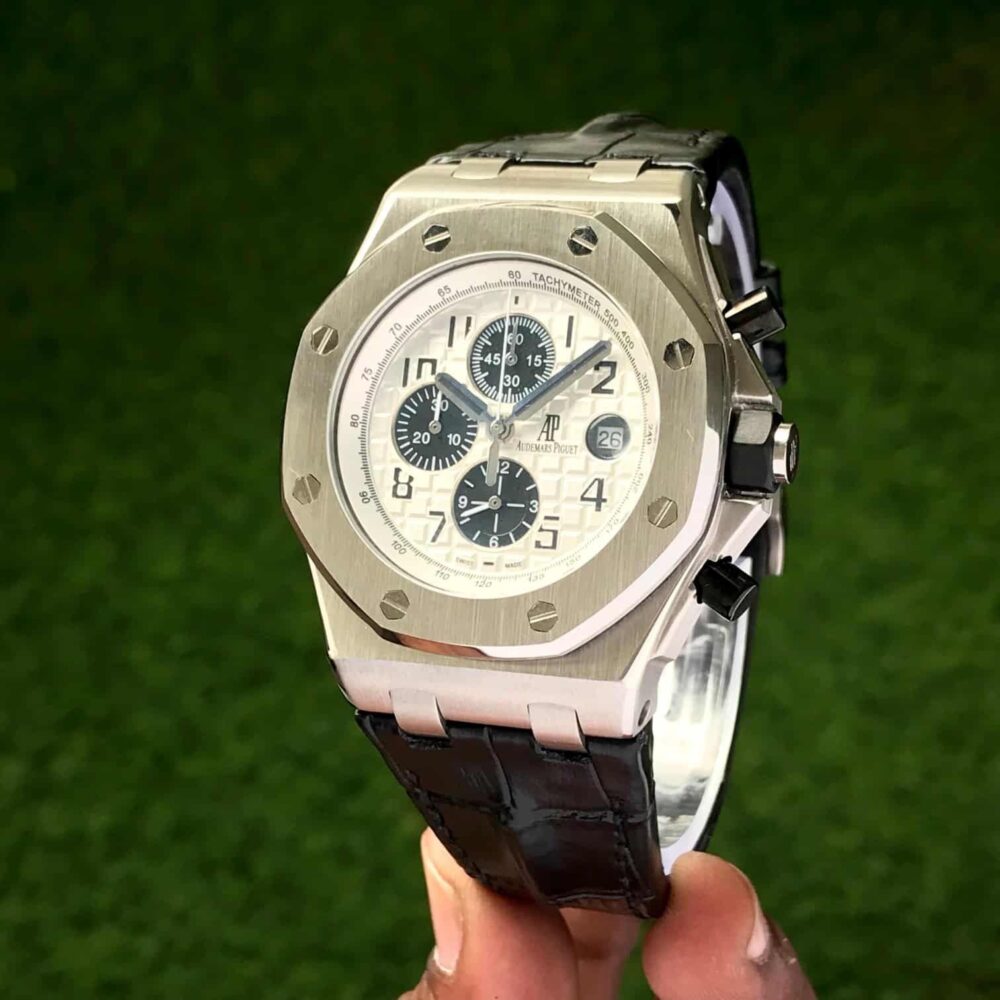 Off Shore Chronograph’s Black Leather Strap White Dial